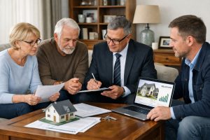 Notaire et expert immobilier évaluant la valeur d’une maison dans le cadre d’une succession avec des héritiers.