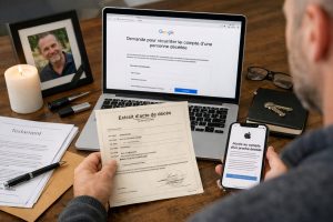 Illustration ultra réaliste d’un smartphone affichant les logos Google et Apple, symbolisant la récupération des données numériques d’un proche décédé