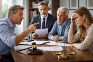 Conflit entre héritiers autour d’une succession en présence d’un avocat avec documents juridiques sur la table