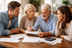 Famille réunie autour de documents pour gérer une indivision successorale sans conflits