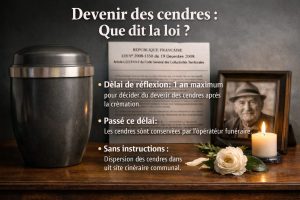 Urne funéraire posée sur une table avec bougie, fleur blanche et document illustrant le délai légal pour décider du devenir des cendres après une crémation