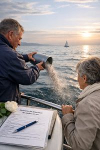 Dispersion des cendres en mer lors d’une cérémonie funéraire en bateau au large des côtes