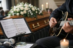 Musicien jouant de la guitare lors d’obsèques devant un cercueil fleuri pour illustrer le choix de la musique funéraire et les droits de diffusion