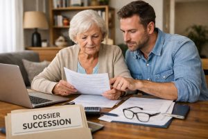 Femme âgée et homme consultant des documents liés au paiement différé des droits de succession à domicile