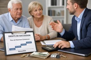 Conseiller expliquant le paiement fractionné des droits de succession à un couple dans un bureau