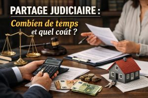 Partage judiciaire entre héritiers ou ex-conjoints avec documents juridiques pour estimer les délais et les coûts de la procédure