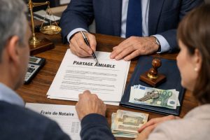 Notaire présentant les étapes et les frais d’un partage amiable de succession à des héritiers
