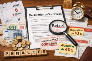 Déclaration de succession avec calendrier, dossier fiscal, délai légal, pénalités de retard et documents administratifs