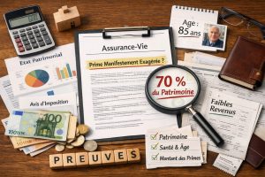 Prime manifestement exagérée en assurance-vie avec dossier juridique, preuves financières, calculatrice, contrat et documents de succession