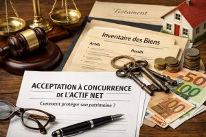 Acceptation à concurrence de l’actif net avec documents de succession, maison, clés, argent et symboles juridiques pour illustrer la protection du patrimoine