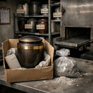 Urne funéraire non réclamée dans un crématorium, illustrant la gestion des cendres sans proche pour les récupérer