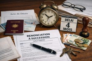 Formulaire de renonciation à succession avec documents administratifs, horloge, argent, clés et tampon pour illustrer la démarche, le délai et le coût