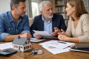 Sortie d’indivision entre plusieurs copropriétaires avec documents, clés et maison miniature