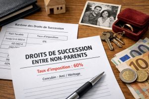 Documents sur les droits de succession entre non-parents, avec mention du taux de 60 % pour les amis et concubins