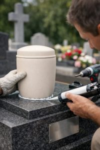 Scellement d’une urne cinéraire sur un monument funéraire dans un cimetière