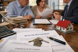 Documents de succession et vente immobilière chez le notaire avec clés de maison et héritiers en rendez-vous