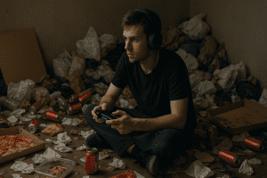 Jeune gamer assis par terre dans une chambre encombrée de détritus, jouant à la console avec un casque micro, reflet du repli numérique et du syndrome de Diogène.
