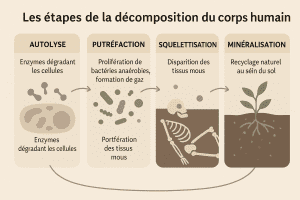 Infographie scientifique illustrant les principales étapes de la décomposition du corps humain, de l’autolyse à la minéralisation, dans un style neutre et pédagogique.
