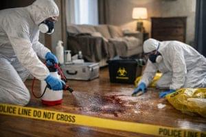 Deux techniciens en combinaison de protection réalisent un nettoyage post mortem avec pulvérisation désinfectante et collecte en sac biohazard dans une pièce d’habitation.