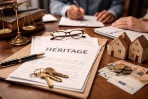 Table en bois avec un document intitulé « Héritage », des clés, des lunettes, une balance de justice, des miniatures de maisons et des billets en arrière-plan