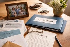 Dossier de succession et document de testament posés sur une table en bois avec lunettes, stylo et photo de famille en arrière-plan