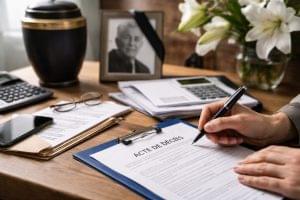 Personne remplissant un acte de décès sur un bureau avec documents administratifs, urne funéraire et photo du défunt en arrière-plan