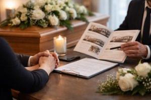 Famille échangeant avec un conseiller funéraire lors du choix des prestations, avec document et fleurs blanches au premier plan